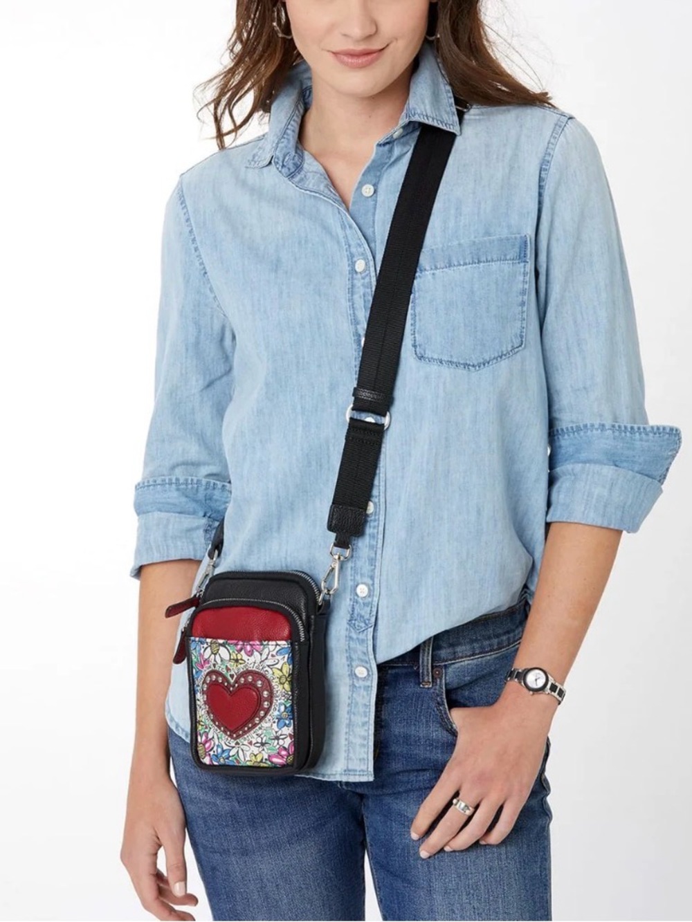 Brighton-Leather Scribble Crossbody Bag in Red, Black and Floral